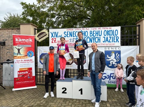 Športovci na pódiu so spectátormi a bannerami sponzorov v pozadí